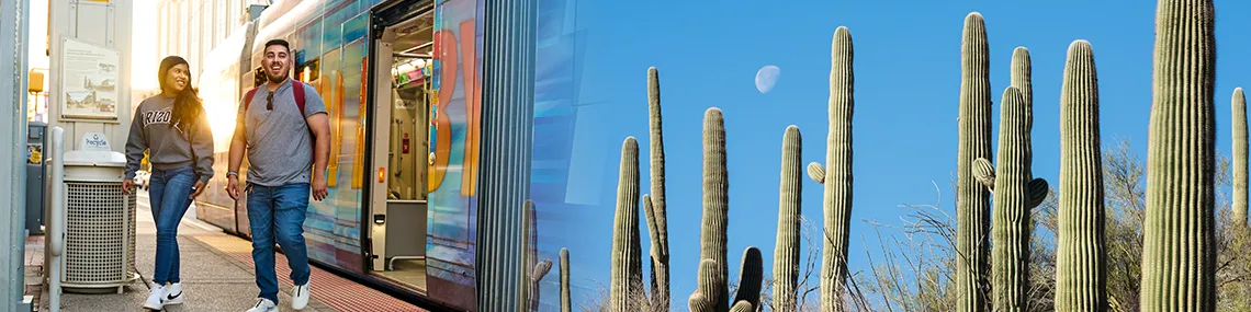 photo of students exiting streetcar; cactus